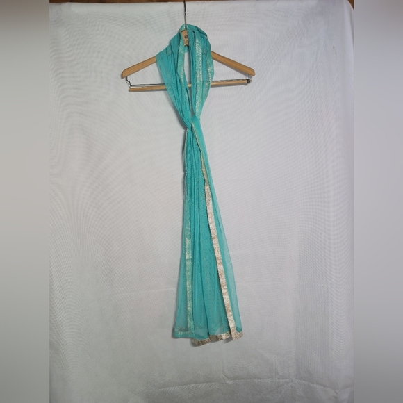 Unbranded Aqua & Gold M Anarkali  Women's Net Dress W/ Matching Scarf - Picture 8 of 8